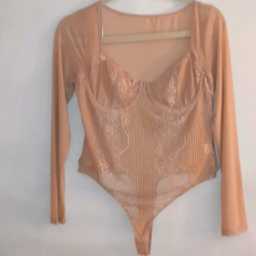 BODYSUIT TOP NUDE SHEER LACE BUSTIER Size Large